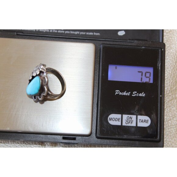 Sterling Silver Turquoise Navajo Ring Feather Native American 5.5 Signed 7.9g - Picture 3 of 11